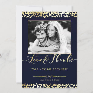 Cartão De Agradecimento Obrigado Casamento Foto Confete Azul e Dourado