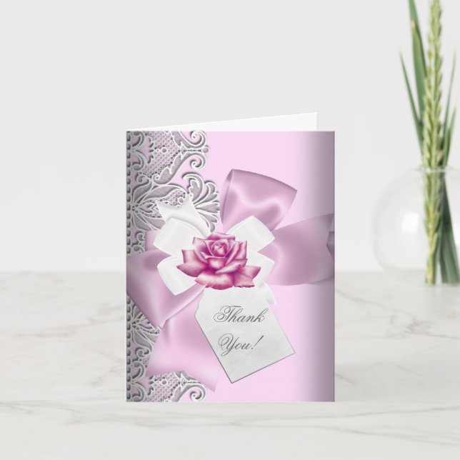 Cartão De Agradecimento Obrigado, Cinza Rosa, Lace Branco (Frente)