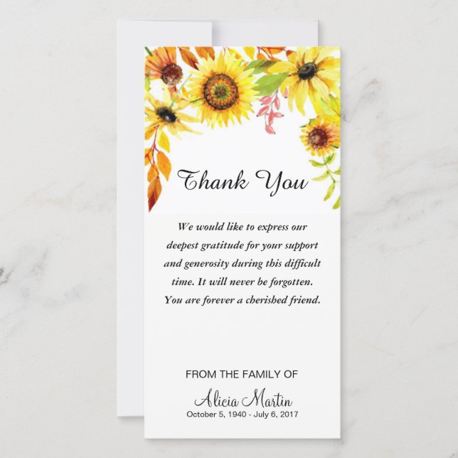 Cartão De Agradecimento Obrigado da simpatia você girassóis memoráveis da (Frente)