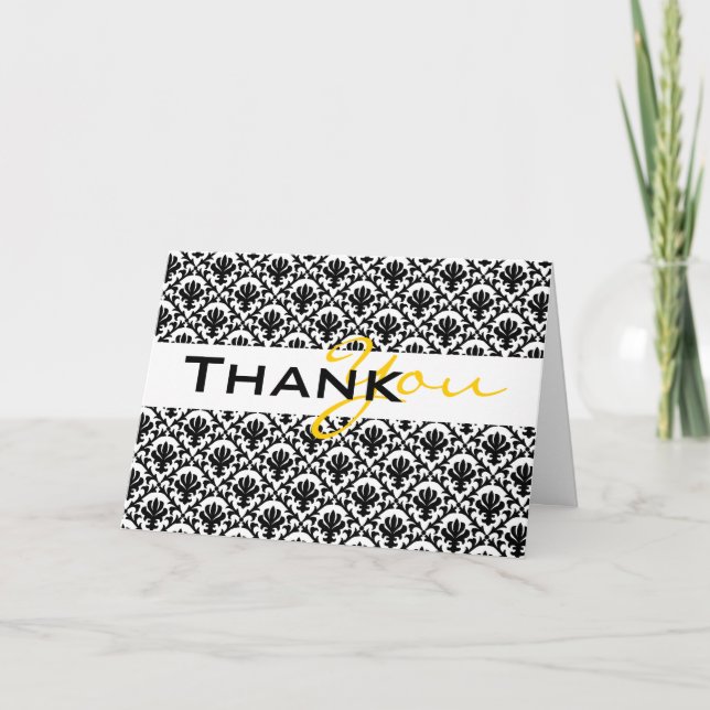 Cartão De Agradecimento "obrigado" damasco preto amarelo casamento (Frente)