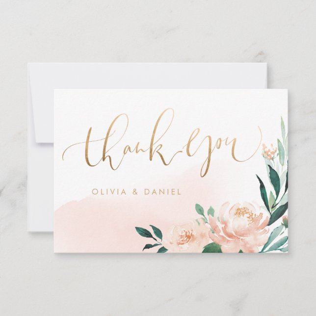 Cartão De Agradecimento Obrigado de caligrafia floral de pêssego do românt (Frente)
