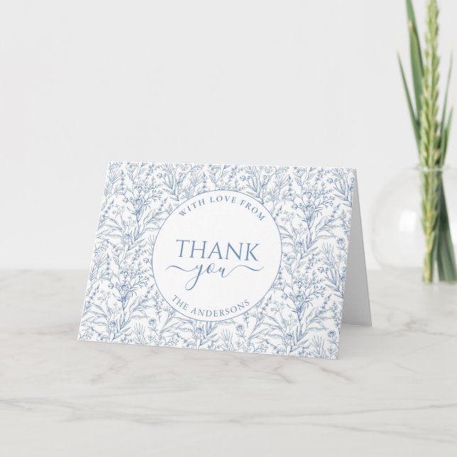 Cartão De Agradecimento Obrigado de Casamento Azul de Toile Personalizado  (Frente)