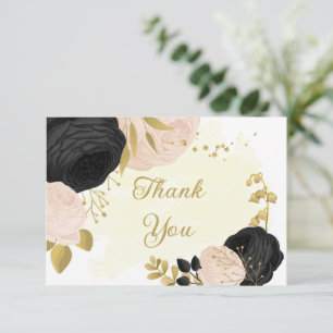 Cartão De Agradecimento obrigado de casamento botânico preto e rosa