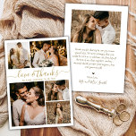 Cartão De Agradecimento Obrigado de Casamento de Colagem de Fotos por Obri<br><div class="desc">Colagem de Fotos Elegante, Minimalista, Dourada e Casamento Branco 5, Obrigado Cartões. Cartões de agradecimentos de casamento moderno com cinco (5) fotos na frente e uma (1) foto no verso. Com o texto "Amor e obrigados" numa letra de escrita tipográfica escrita, escrita à mão, em ouro, sobre fundo branco. Adicione...</div>