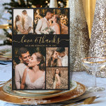 Cartão De Agradecimento Obrigado de Casamento de Colagem de Fotos por Obri<br><div class="desc">Colagem de Fotos Elegante, Minimalista, Dourada e Negra, 5 Cartões de Agradecimento. Cartões de agradecimentos de casamento moderno com cinco (5) fotos na frente e uma (1) foto no verso. Com o texto "Amor e obrigados" numa letra de escrita tipográfica escrita, escrita à mão, em ouro, sobre fundo preto. Adicione...</div>