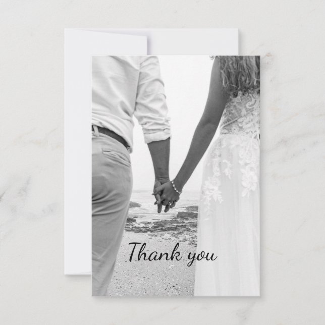 Cartão De Agradecimento Obrigado de casamento de praia branca e negra (Frente)