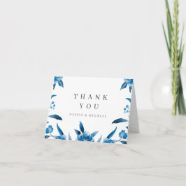 Cartão De Agradecimento Obrigado de casamento floral azul e branco