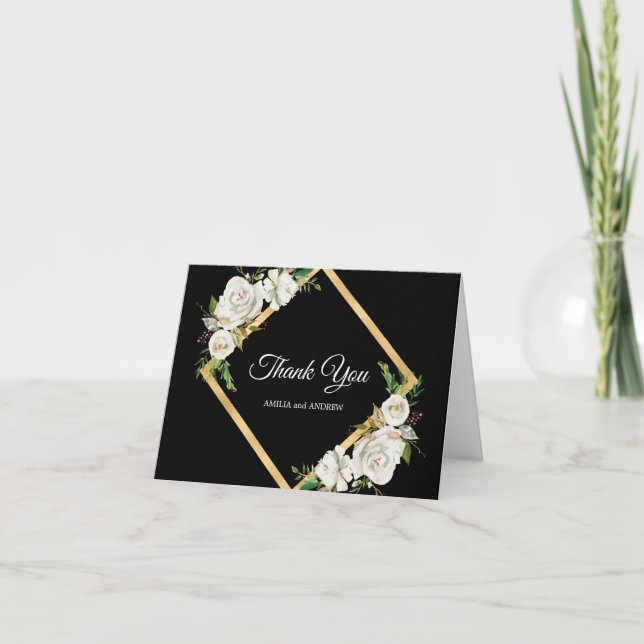 Cartão De Agradecimento Obrigado de Casamento Floral Dourado Preto-Branco  (Frente)