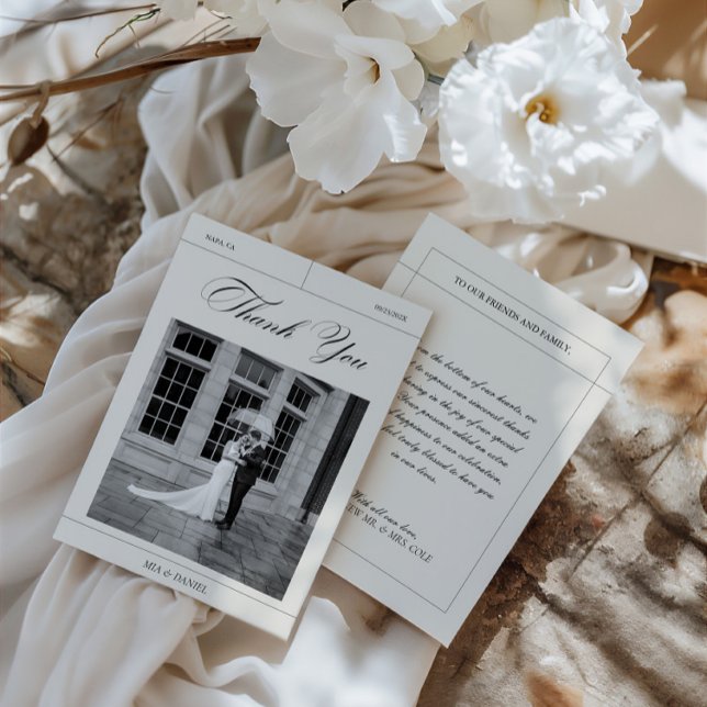 Cartão De Agradecimento Obrigado de Foto de Casamento Preto e Branco da El (Elegant Vintage Black & White Wedding Photo Thank Thank You Card)