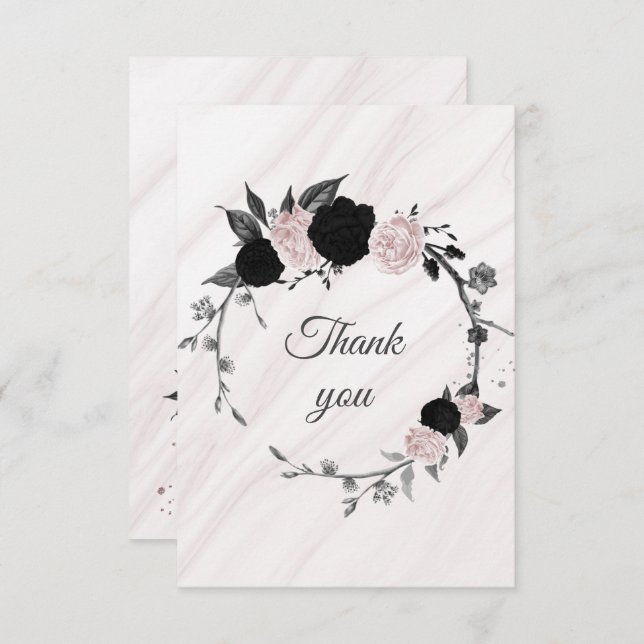 Cartão De Agradecimento obrigado de mármore botânico de flores pretas e co (Frente/Verso)