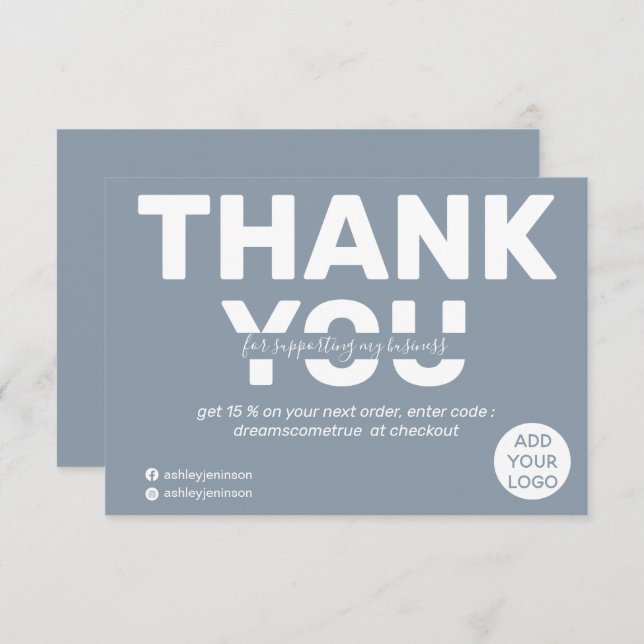 Cartão De Agradecimento Obrigado de ordem azul empoeirado moderno (Frente/Verso)