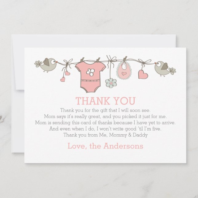 Cartão De Agradecimento obrigado de roupa de menina elegante rosa, CHÁ DE  (Frente)