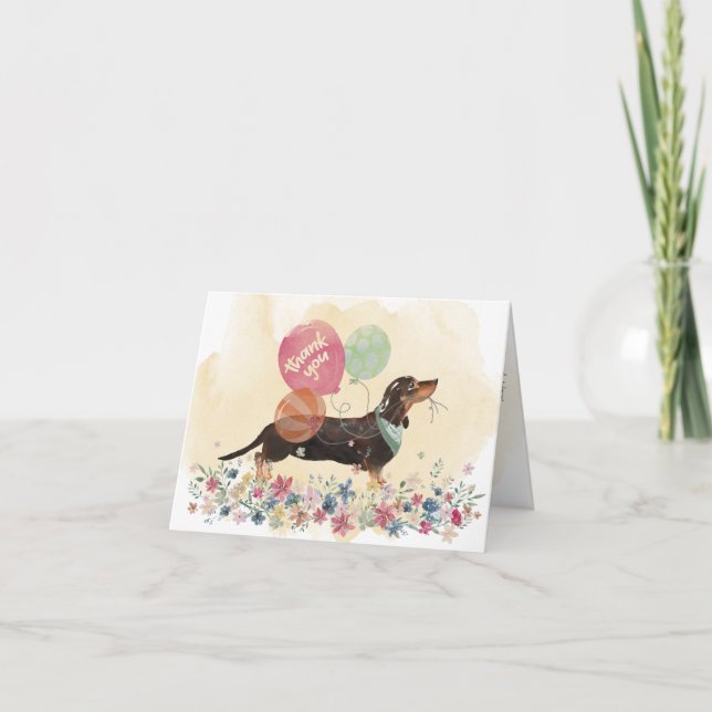 Cartão De Agradecimento Obrigado de Você e Dachshund cão e balões (Frente)