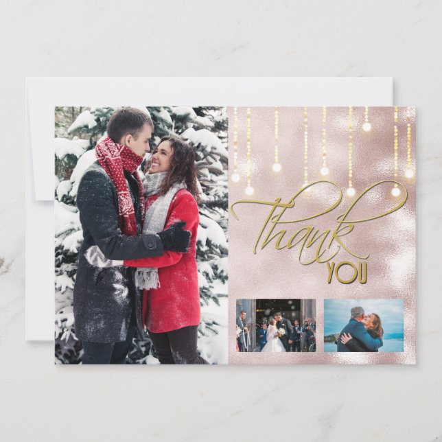 Cartão De Agradecimento Obrigado DIY 3 foto rosa gold string (Frente)