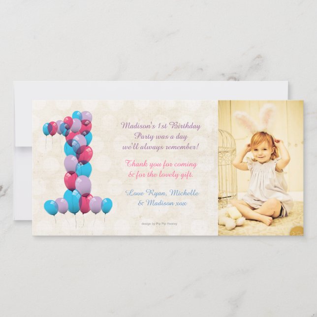 Cartão De Agradecimento Obrigado dos balões do primeiro aniversario do (Frente)