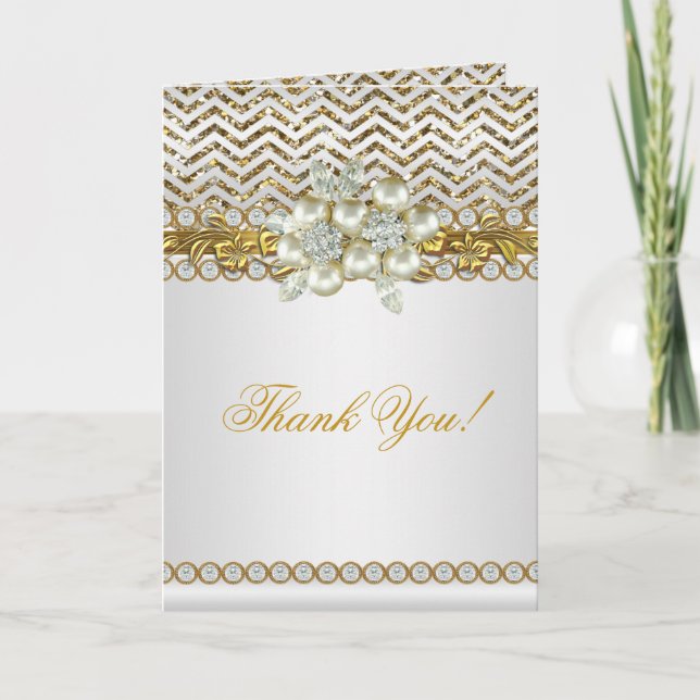 Cartão De Agradecimento Obrigado, Dourado Chevron White Diamond Pearl (Frente)