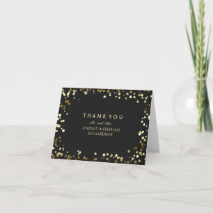 Cartão De Agradecimento Obrigado Dourado e preto do casamento dos confetes