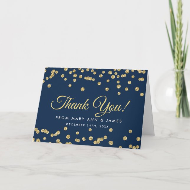Cartão De Agradecimento "Obrigado", Dourado Faux Glitter Confetti Marinho  (Frente)