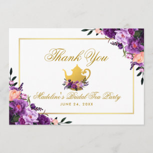 Cartão De Agradecimento Obrigado Dourado floral roxo você tea party