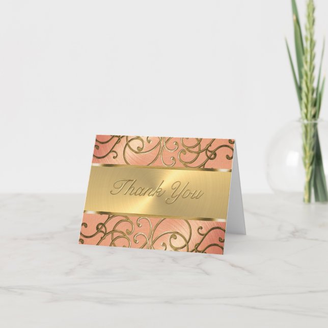 Cartão De Agradecimento Obrigado Elegante Peach e Dourado Filigree (Frente)