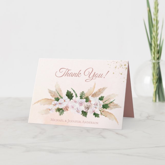 Cartão De Agradecimento Obrigado Floral de Aquarela Rosa Luxuriante Dourad (Frente)