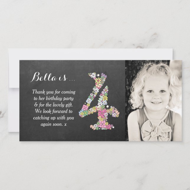 Cartão De Agradecimento Obrigado floral do 4o aniversário das meninas você (Frente)