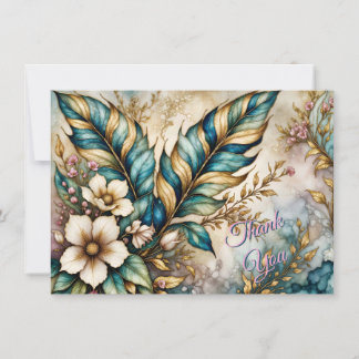 Cartão De Agradecimento OBRIGADO! Folhas Verde Azul, Floral Rosa sobre Dou
