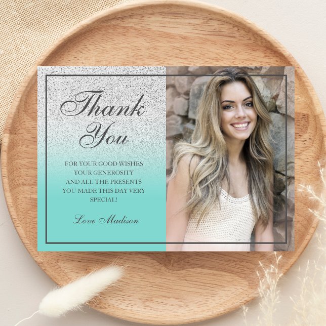 Cartão De Agradecimento Obrigado fotográfico brilhante de Teal Silver você (Criador carregado)