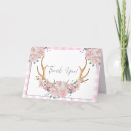 Cartão De Agradecimento Obrigado! | Gingham BHO Floral Antlers Rosa