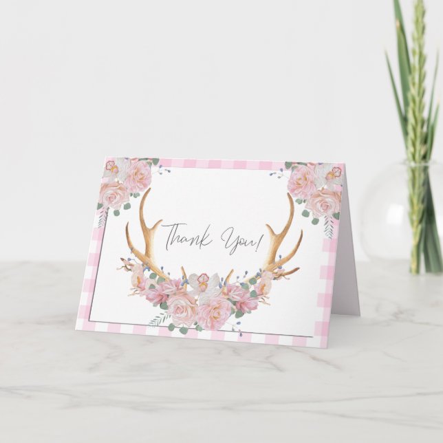Cartão De Agradecimento Obrigado! | Gingham BHO Floral Antlers Rosa (Frente)