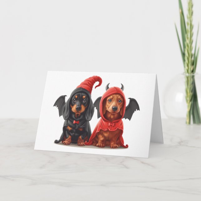 Cartão De Agradecimento Obrigado Halloween Dachshund Dogs Devil Bat (Frente)