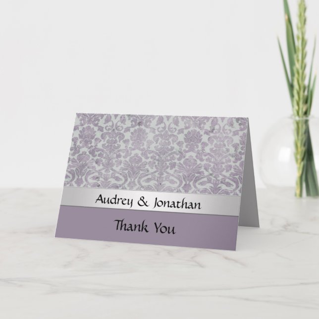 Cartão De Agradecimento Obrigado Lavanda Prata com Visual Grunge Damask (Frente)