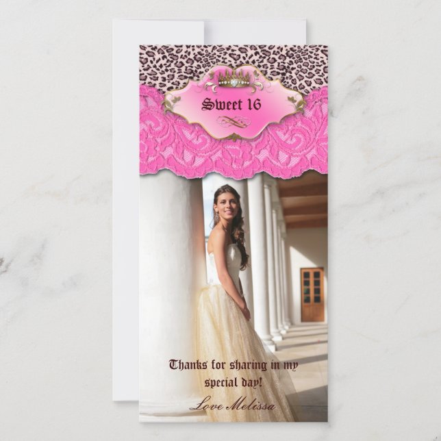 Cartão De Agradecimento Obrigado Leopard Lace Jewel Sweet 16 rosa (Frente)