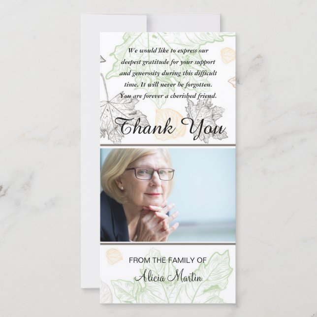 Cartão De Agradecimento Obrigado memorável da simpatia da foto você folhas (Frente)