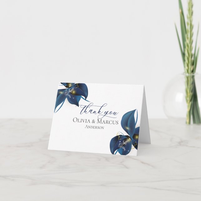 Cartão De Agradecimento Obrigado | Moderno Azul Índigo Escuro e Dourado (Frente)