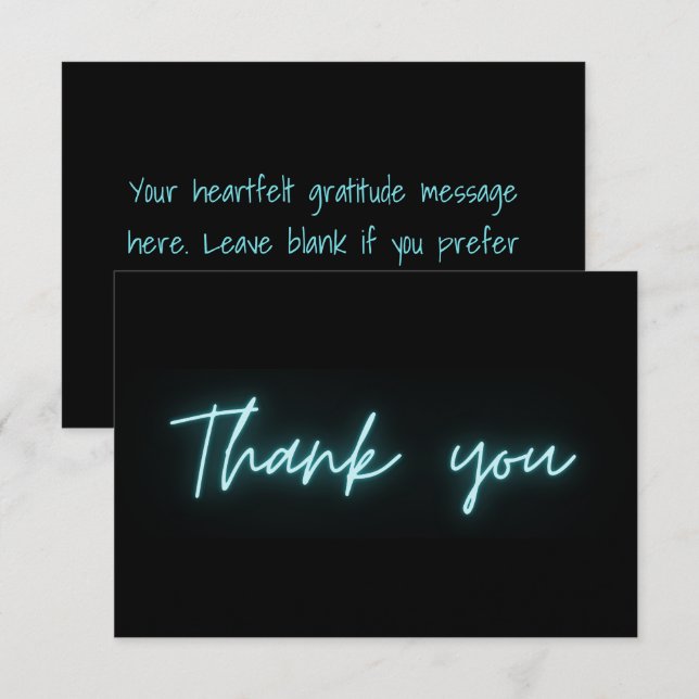 Cartão De Agradecimento Obrigado Moderno Script Neon Turquesa Preto (Frente/Verso)