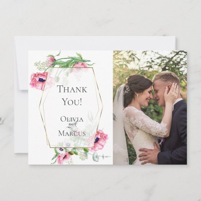 Cartão De Agradecimento OBRIGADO | Moldura de Foto Botânica Papoulas Rosa (Frente)