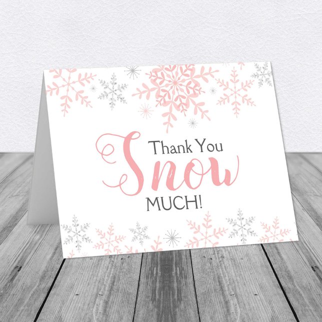 Cartão De Agradecimento Obrigado Neve Muito Rosa Chá de fraldas de inverno (Pink & Silver Glitter Snowflakes Thank You Snow Much Thank You Note Card)