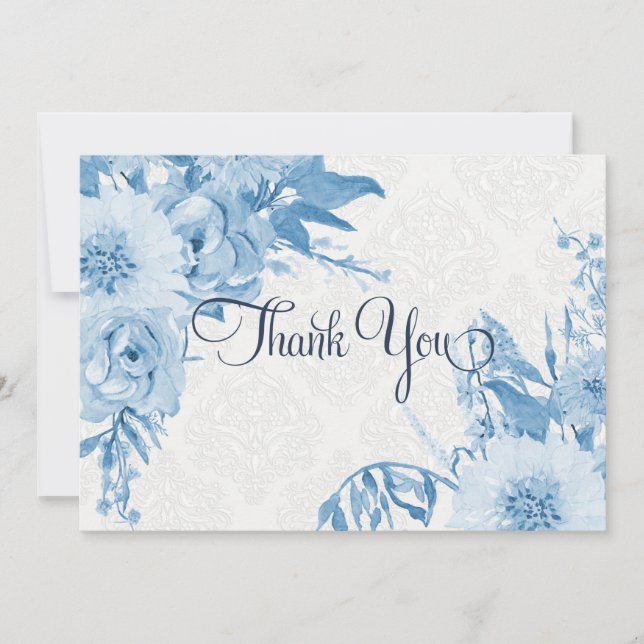 Cartão De Agradecimento Obrigado Nota Marinho Azul n Branco Floral Waterco (Frente)