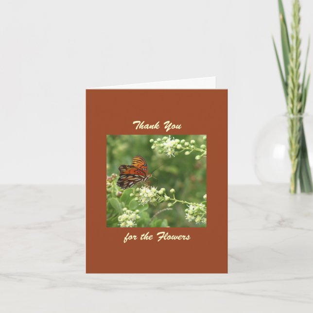 Cartão De Agradecimento Obrigado pelas Flores, Borboleta Laranja (Frente)