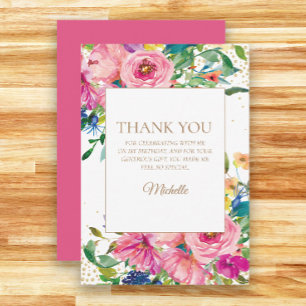 Cartão De Agradecimento Obrigado pelo Aniversário com Flores Rosa e Amarel