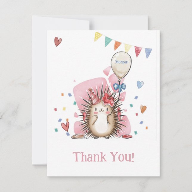 Cartão De Agradecimento Obrigado pelo aniversário infantil doouriço-cachei (Frente)