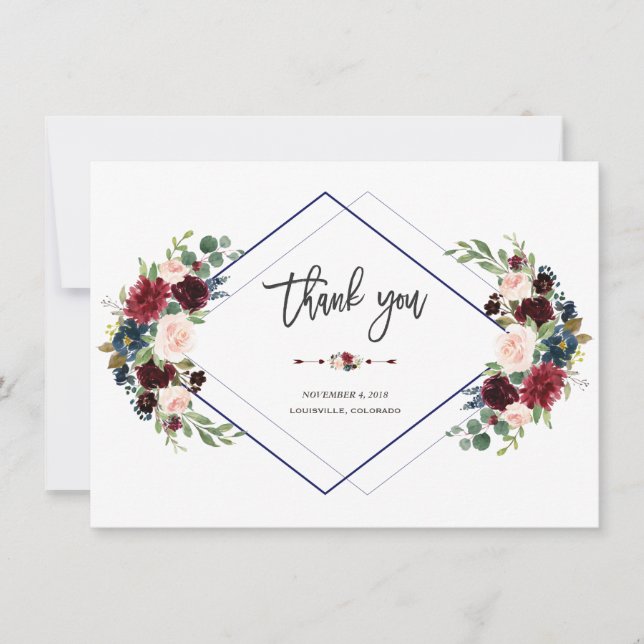 Cartão De Agradecimento Obrigado pelo casamento floral Merlot Navy geométr (Frente)