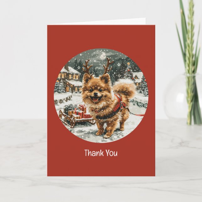 Cartão De Agradecimento Obrigado Pomerânia Reindeer Cão de Natal (Frente)