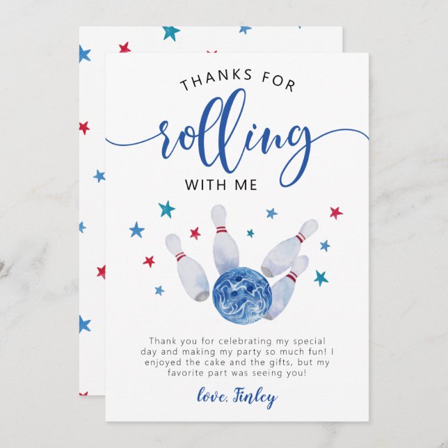 Cartão De Agradecimento Obrigado por rolar comigo no aniversário Bowling B (Frente/Verso)