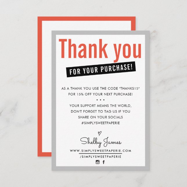 Cartão De Agradecimento OBRIGADO POR SEU cliente DE COMPRA inserir laranja (Frente/Verso)