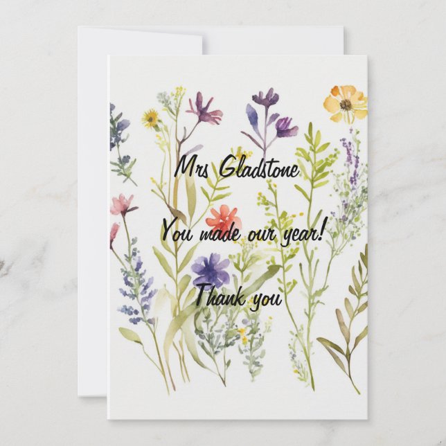 Cartão De Agradecimento Obrigado Professora. Fizeste o nosso Ano. Texto ed (Frente)