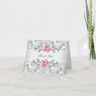Cartão De Agradecimento Obrigado Rosa Pink Damask Prata