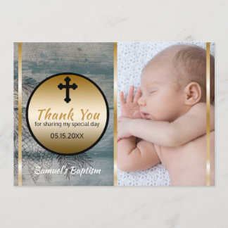 Cartão De Agradecimento Obrigado rústico do baptismo dos meninos você foto