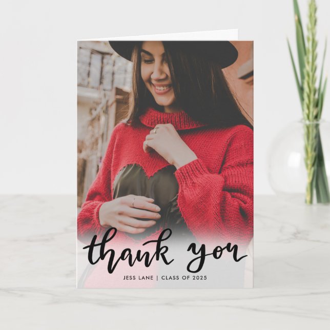 Cartão De Agradecimento Obrigado Script Foto do Formando Manuscrito (Frente)